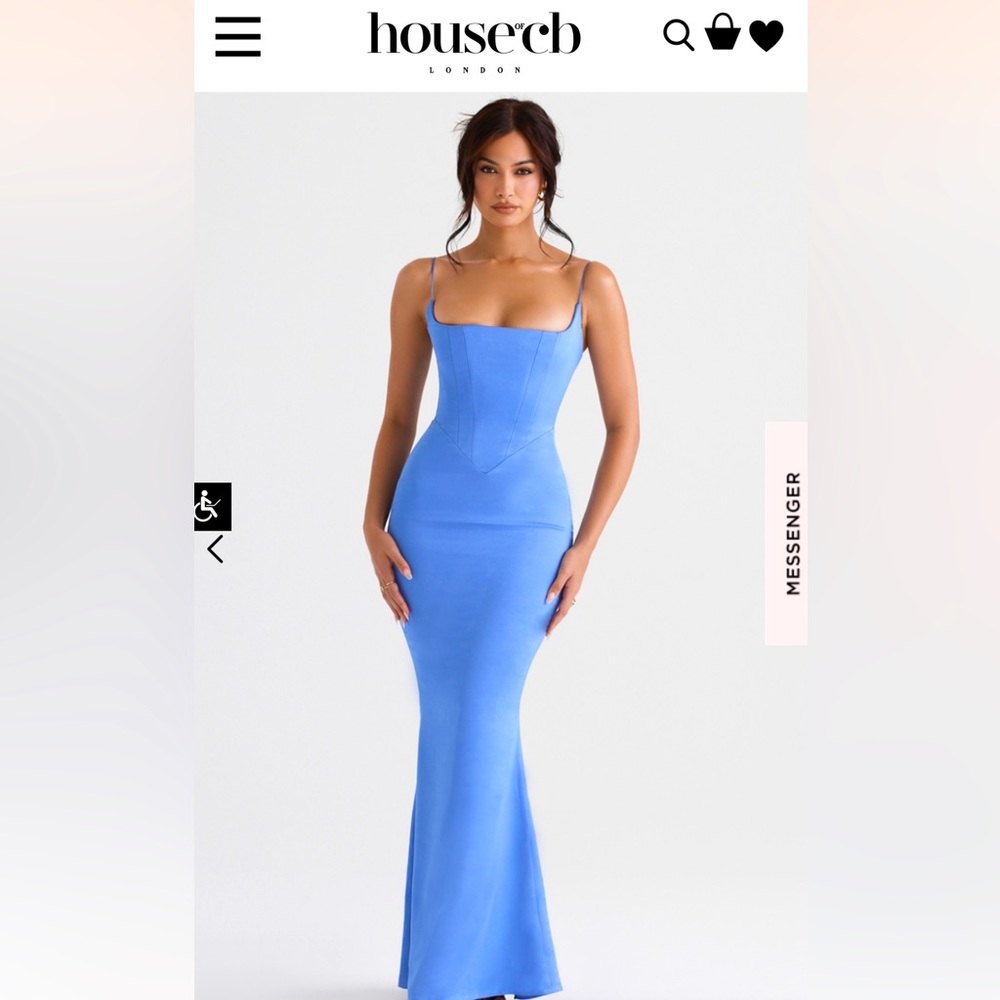 NWT HOUSE OF CB OLIVETTE MAXI DRESS PERIWINKLE SATIN CORSET